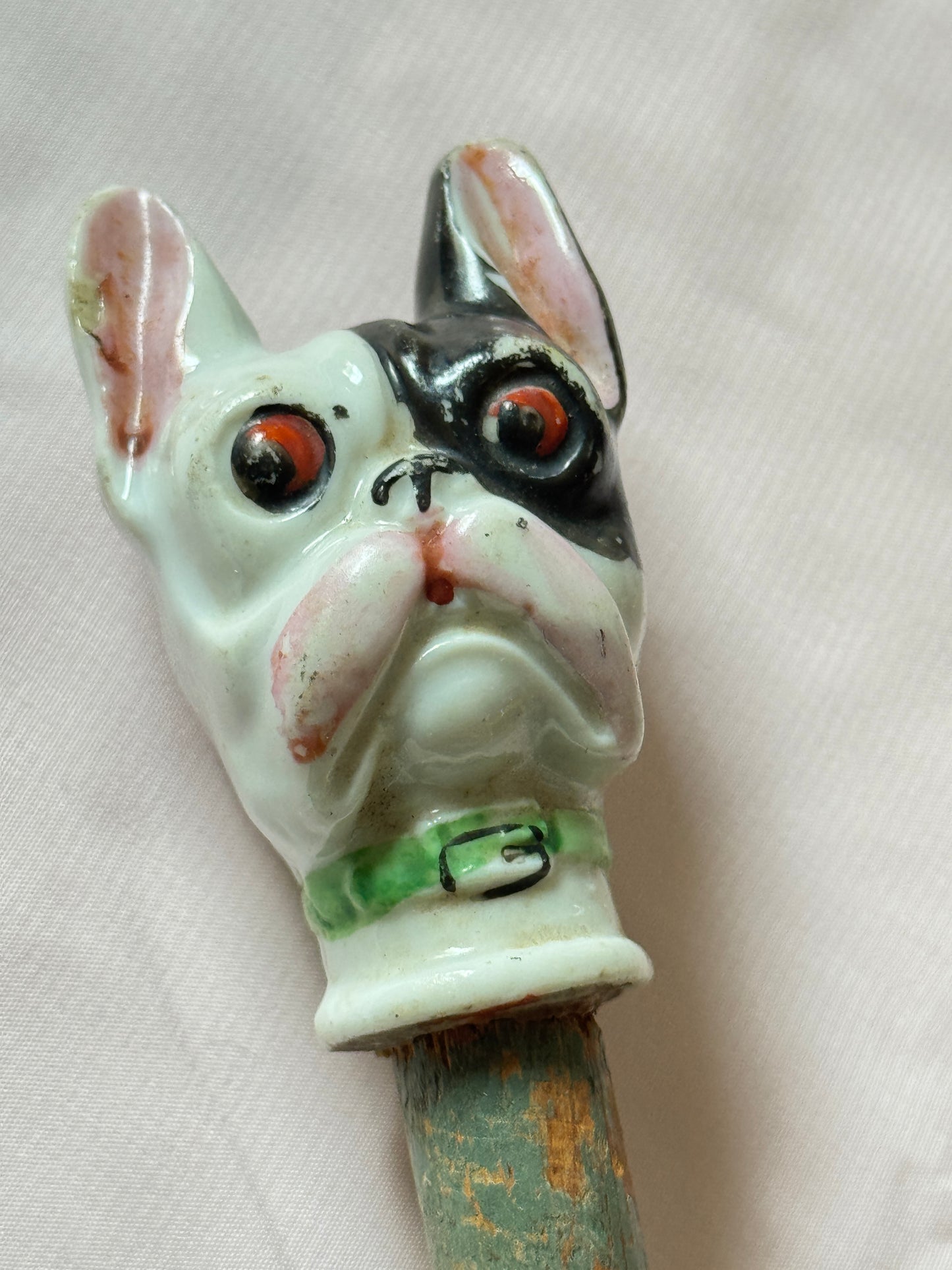 Ceramic French Bulldog Head Carnival Cane - Topper and Stick, Black and White with Green Collar, Grey Stick