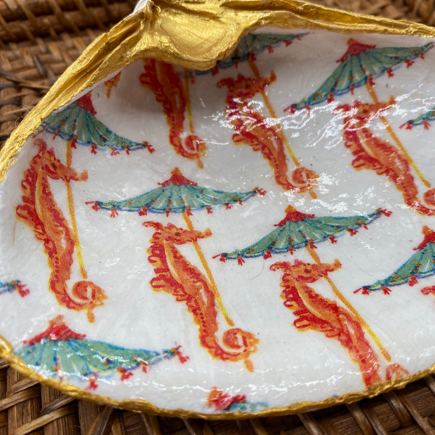 Large Clam Shell Gilded Decoupage, Trinket Dish, Jewelry Tray, Gift, Ornament, Event Favor