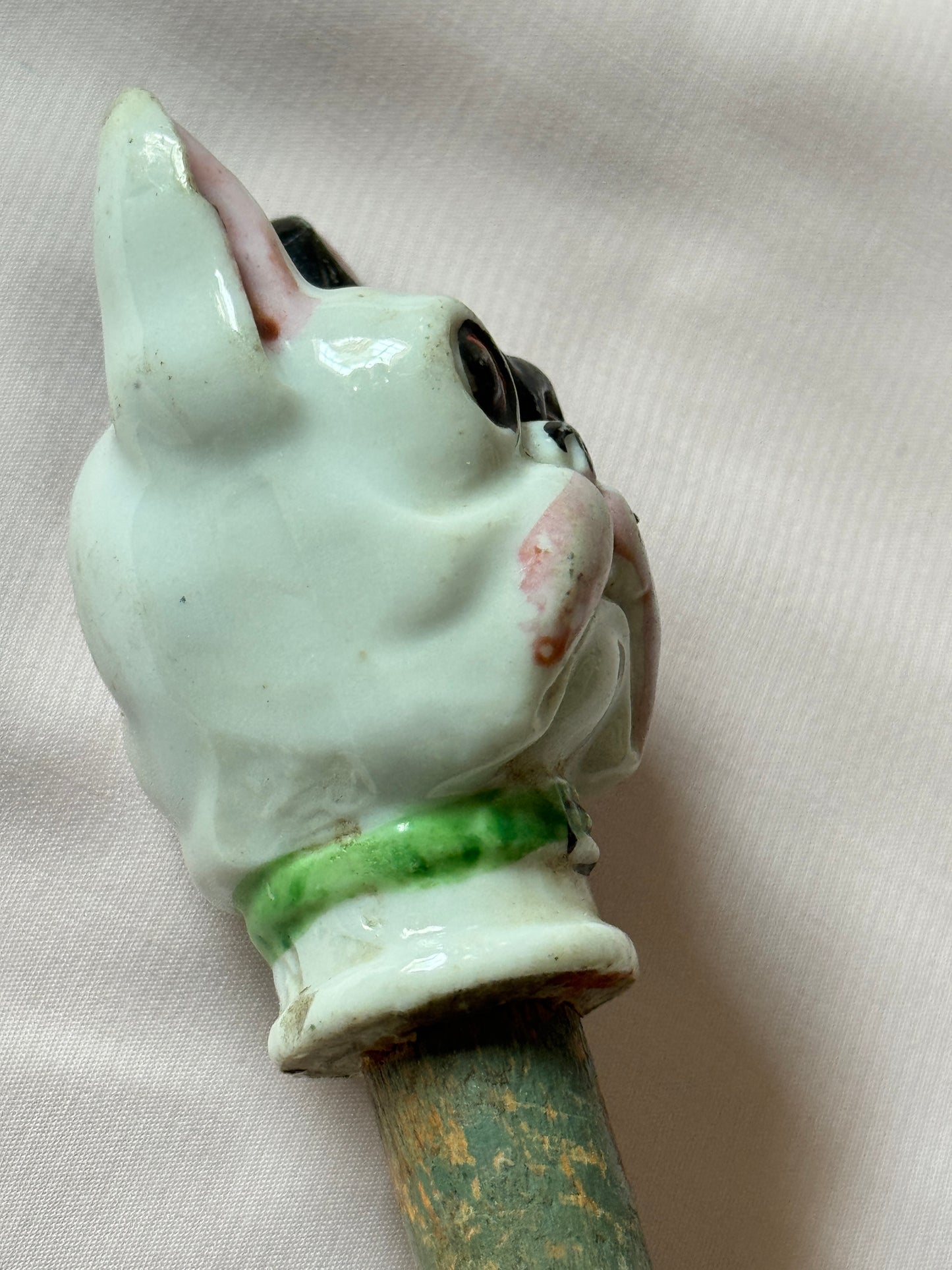 Ceramic French Bulldog Head Carnival Cane - Topper and Stick, Black and White with Green Collar, Grey Stick