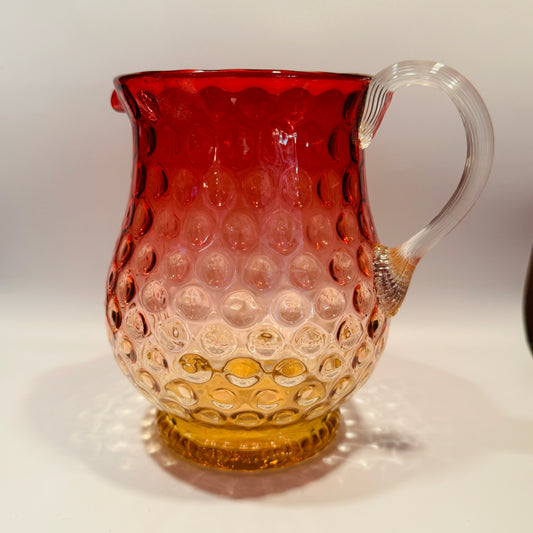 Amberina Glass Coin Dot Pitcher with Clear Handle