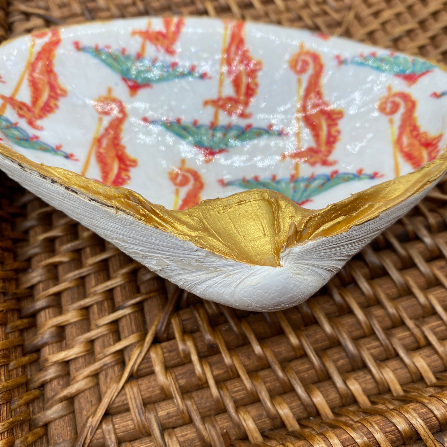 Large Clam Shell Gilded Decoupage, Trinket Dish, Jewelry Tray, Gift, Ornament, Event Favor
