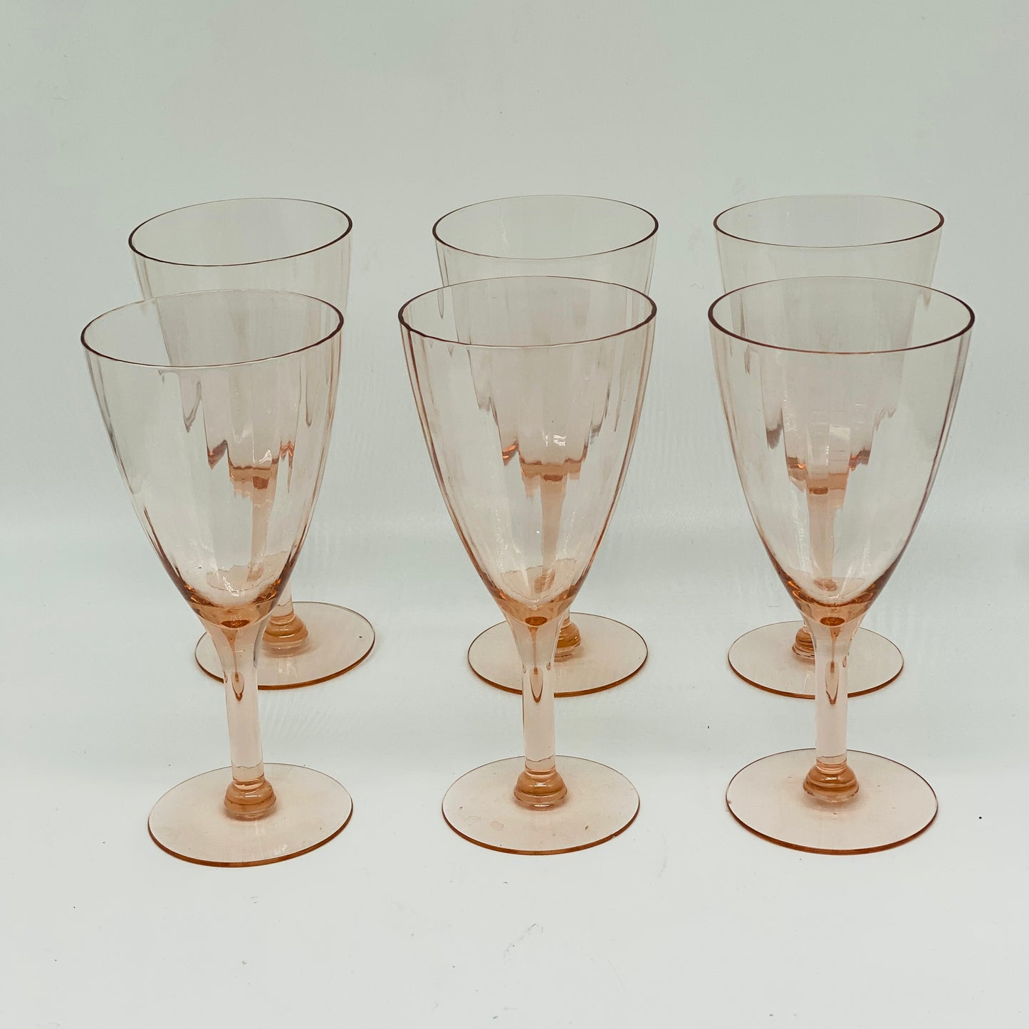 Set of Six Pink Depression Stemmed Wine Glasses