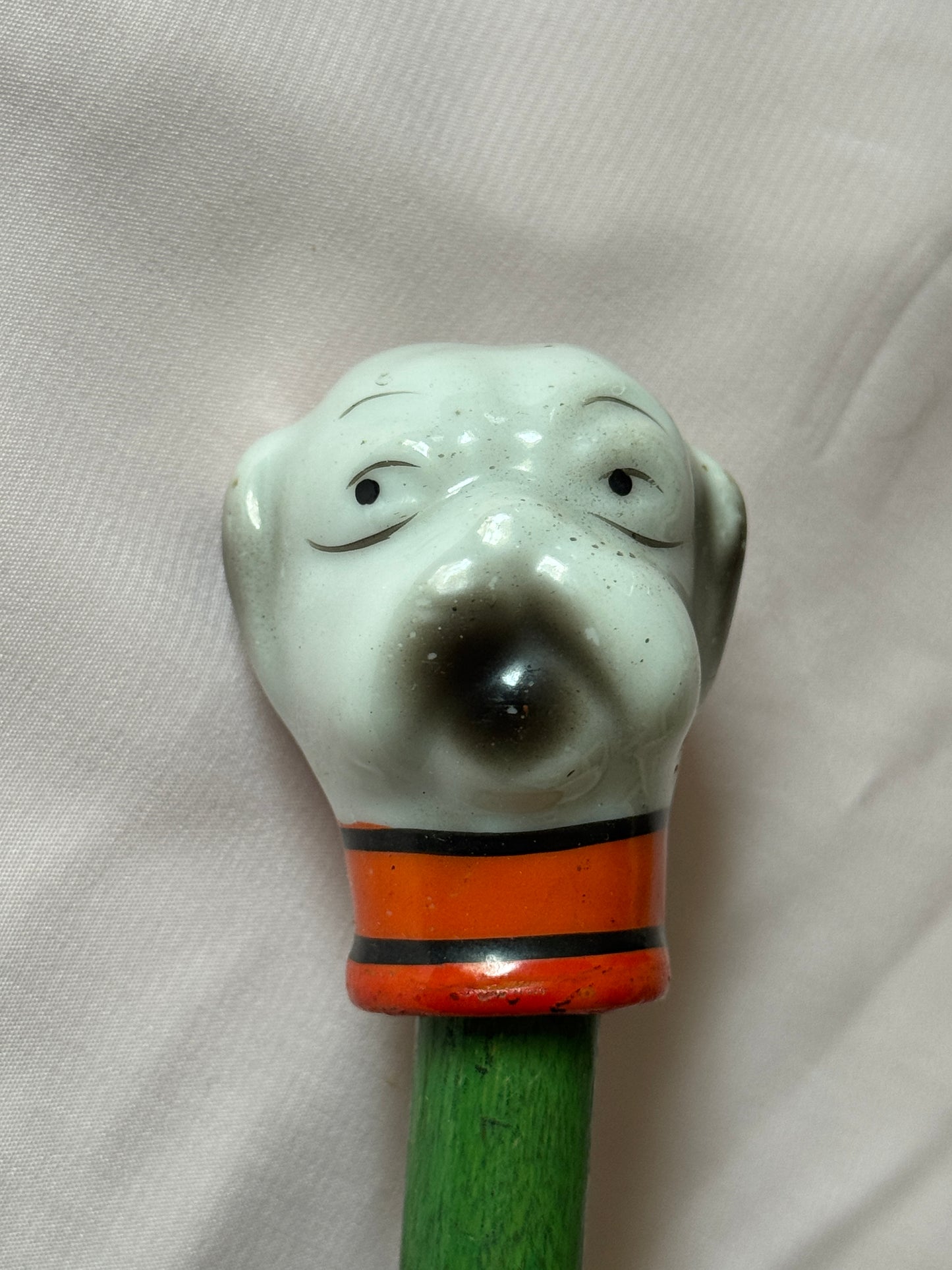 Ceramic Bulldog Head Carnival Cane - Topper and Stick, Grey and White with Orange Collar, Green Stick