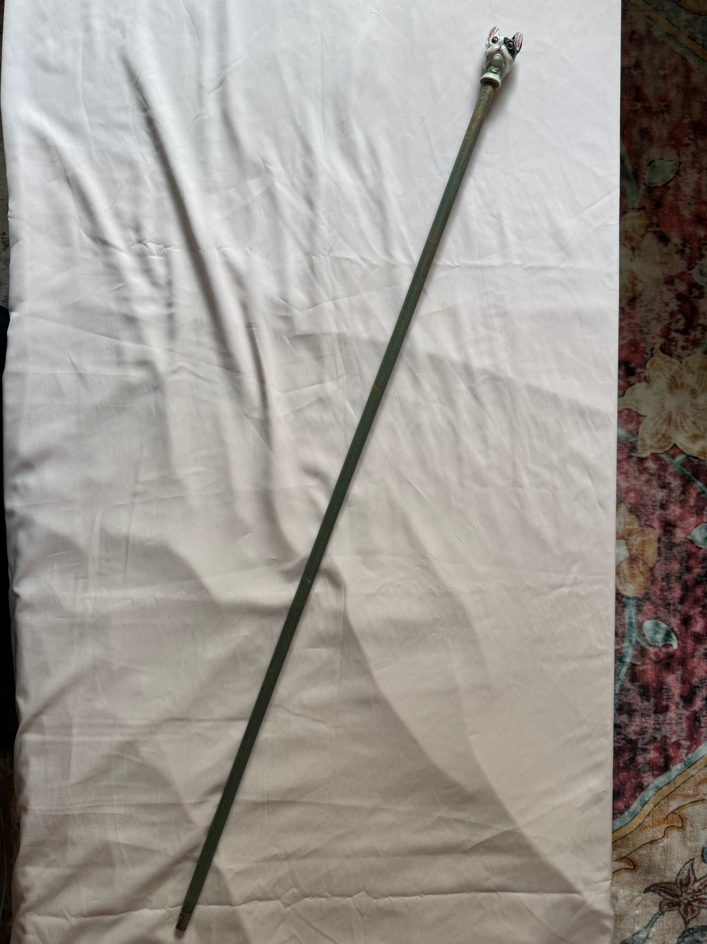 Ceramic French Bulldog Head Carnival Cane - Topper and Stick, Black and White with Green Collar, Grey Stick