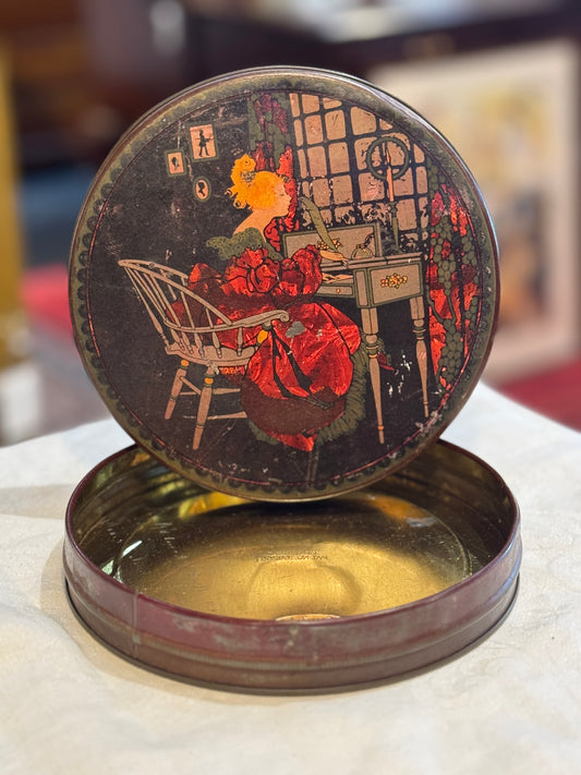 Vintage Sunlite Tindeco Round Tin - Victorian Woman at Desk