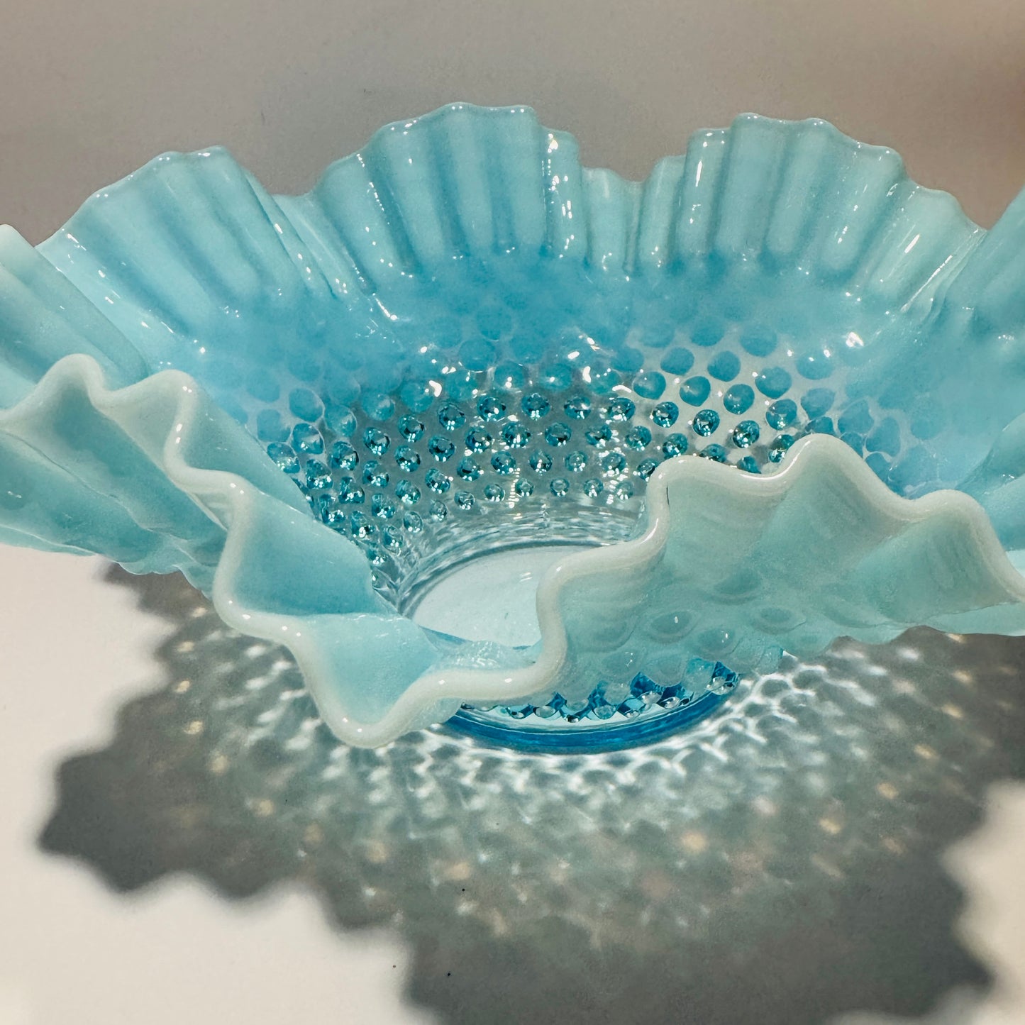Fenton Blue Opalescent Hobnail Ruffed Edge Bowl