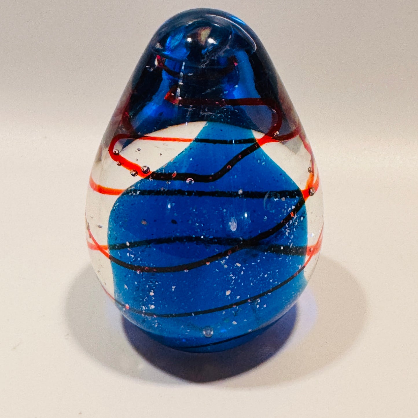 Clear, Blue, Orange Swirl Art Glass Paperweight