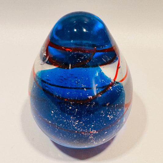 Clear, Blue, Orange Swirl Art Glass Paperweight