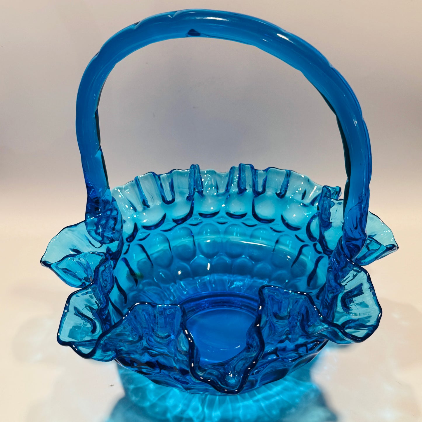 Fenton Cobalt Thumbprint Handled Glass Basket