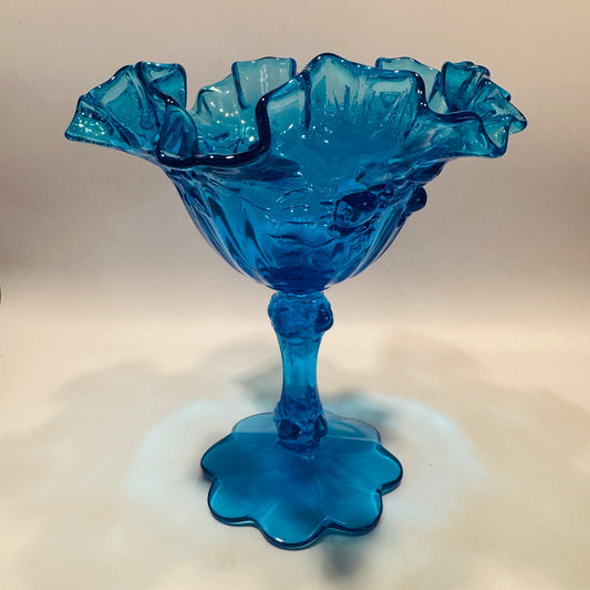 Fenton Colonial Blue Cabbage Rose Ruffled Edge Compote