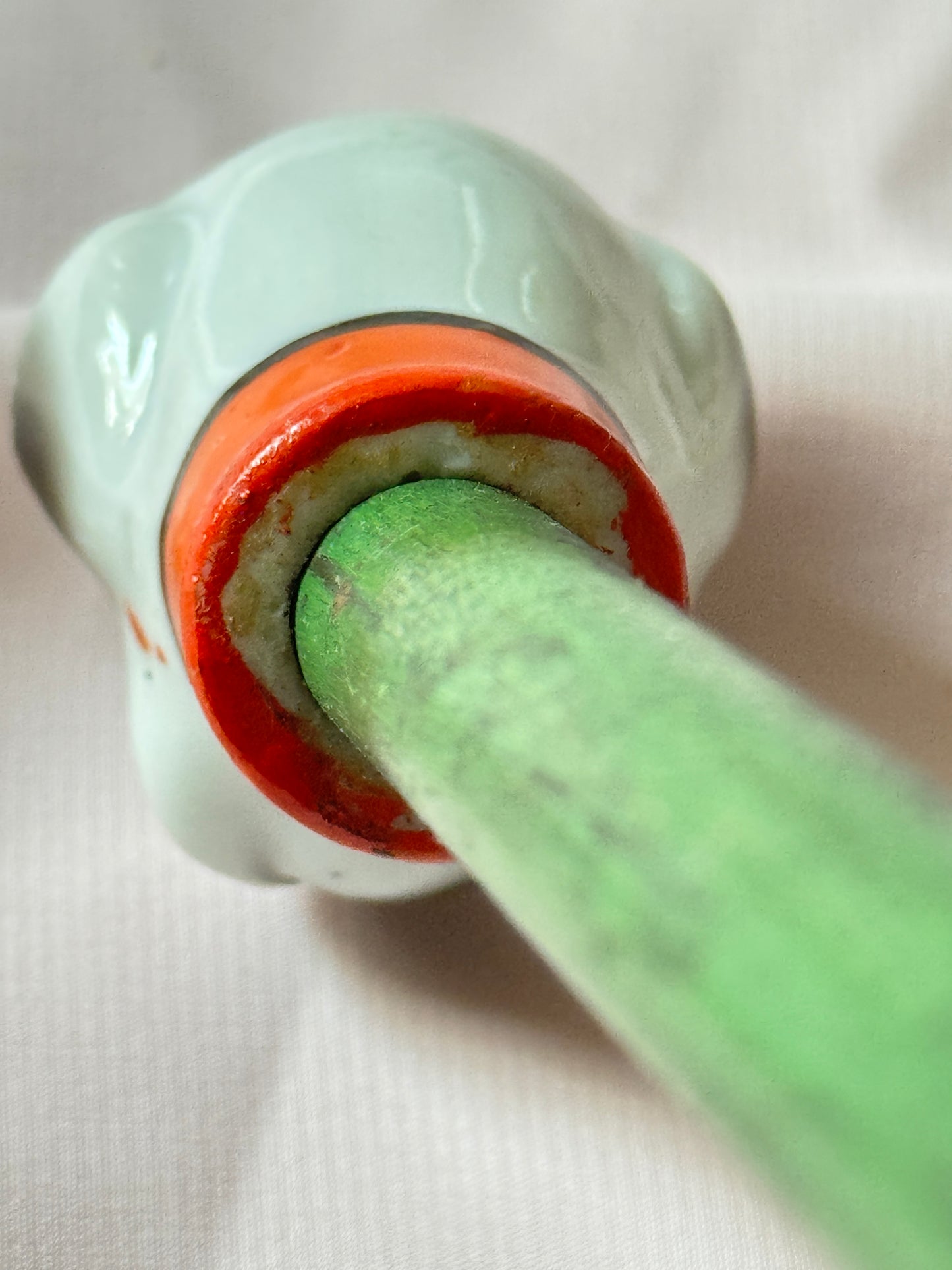 Ceramic Bulldog Head Carnival Cane - Topper and Stick, Grey and White with Orange Collar, Green Stick