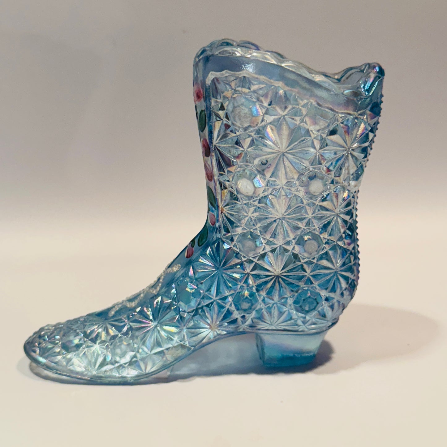 Fenton Handpainted Daisy Button Blue Floral Glass Boot
