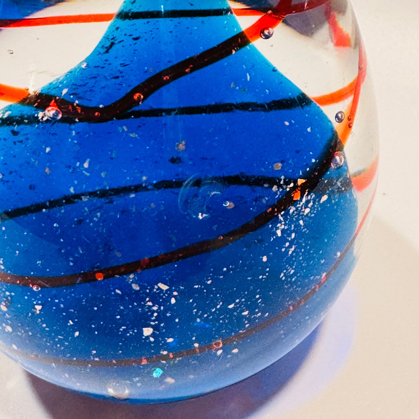 Clear, Blue, Orange Swirl Art Glass Paperweight