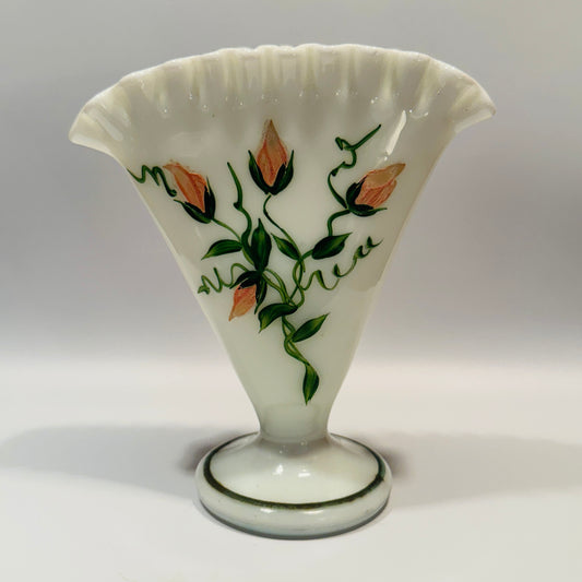 Milk Glass Hand Painted Floral Fan Vase