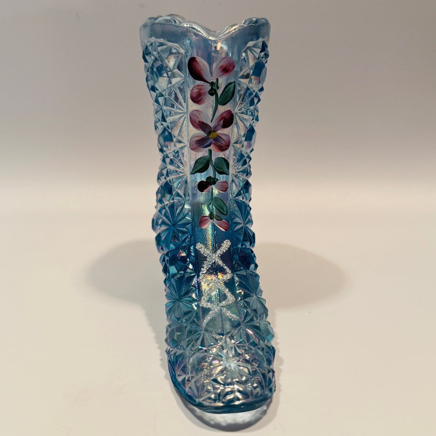 Fenton Handpainted Daisy Button Blue Floral Glass Boot