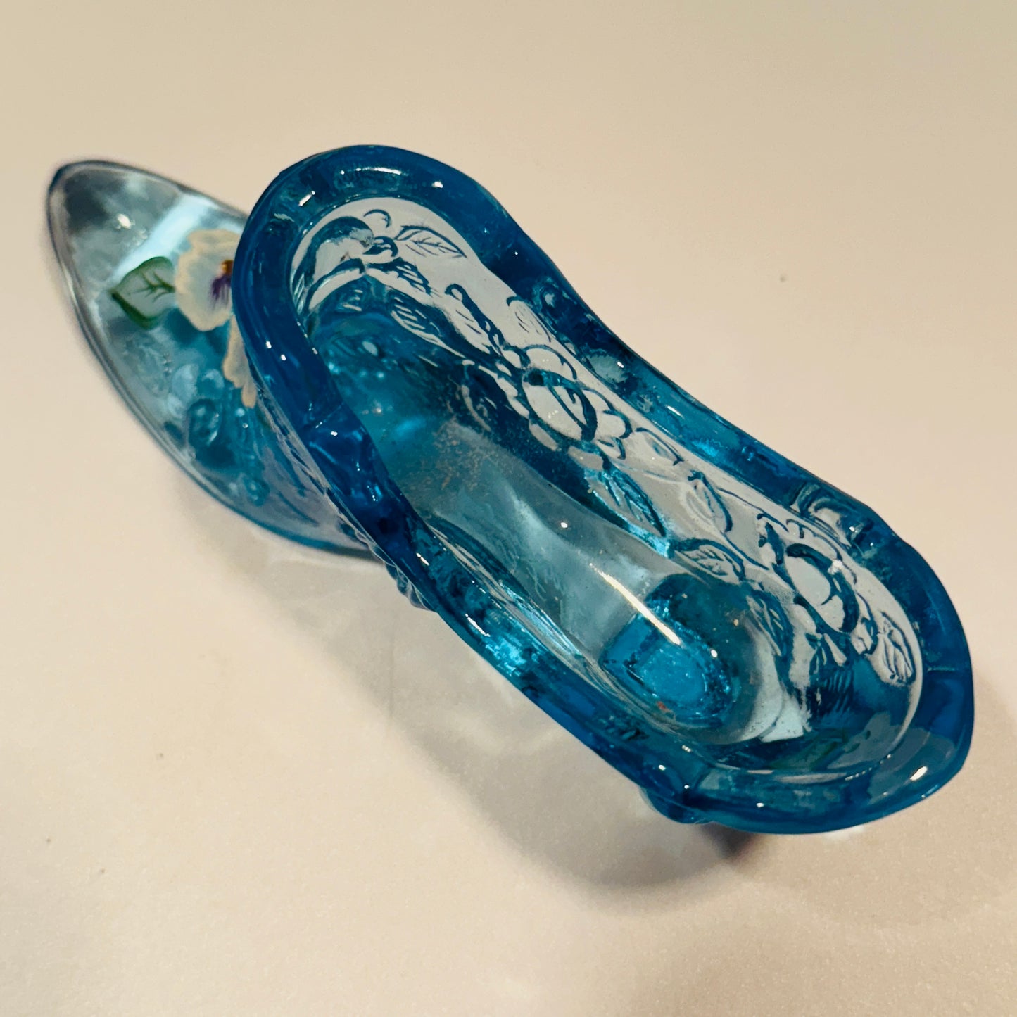 Fenton Handpainted Daisy Button Blue Floral Glass Shoe