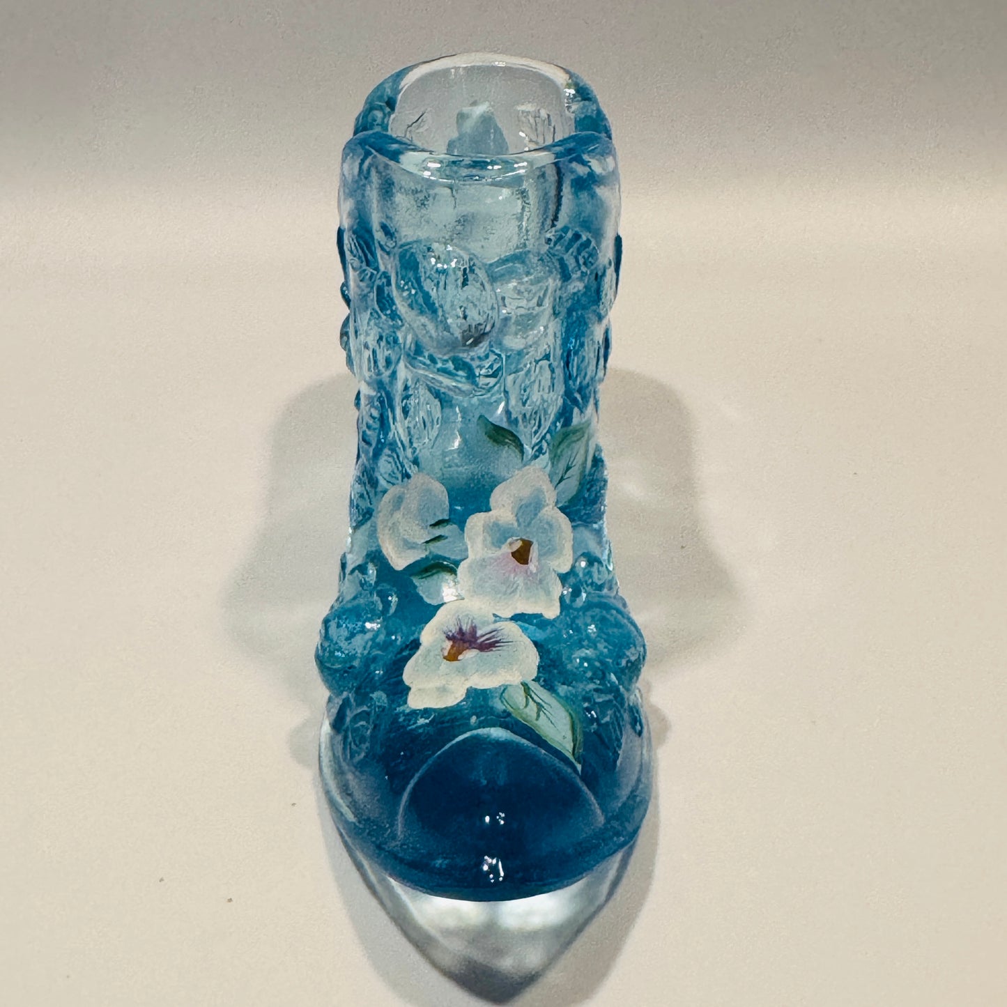 Fenton Handpainted Daisy Button Blue Floral Glass Shoe