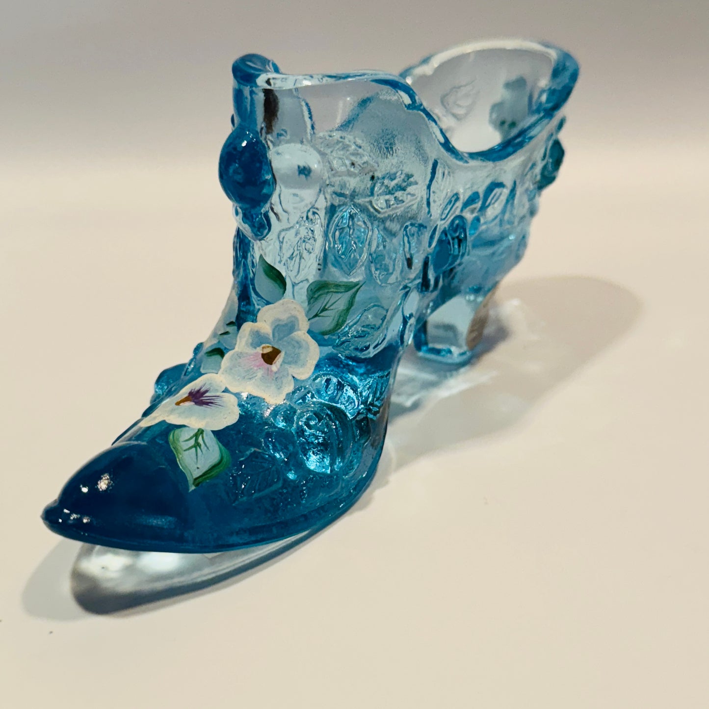 Fenton Handpainted Daisy Button Blue Floral Glass Shoe