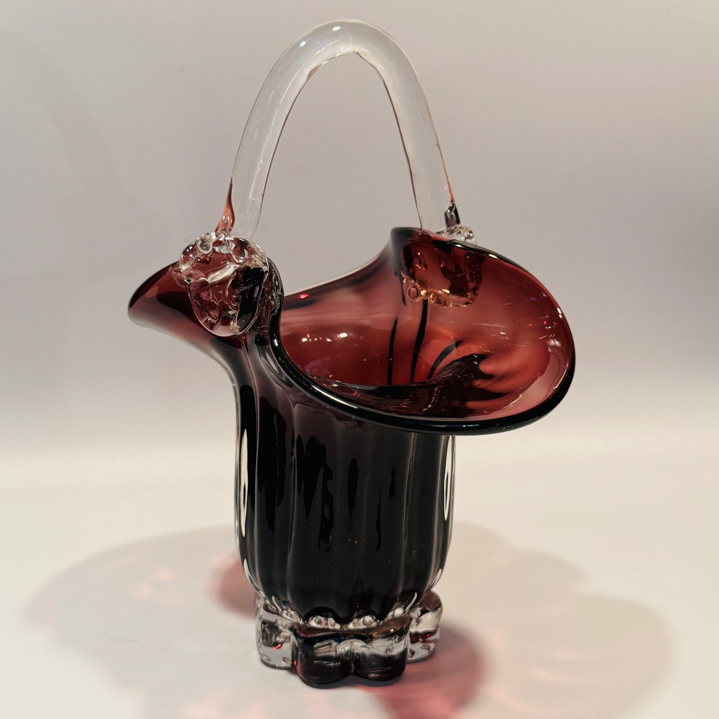 Vintage Amethyst Glass Basket Clear Glass Handle and Base