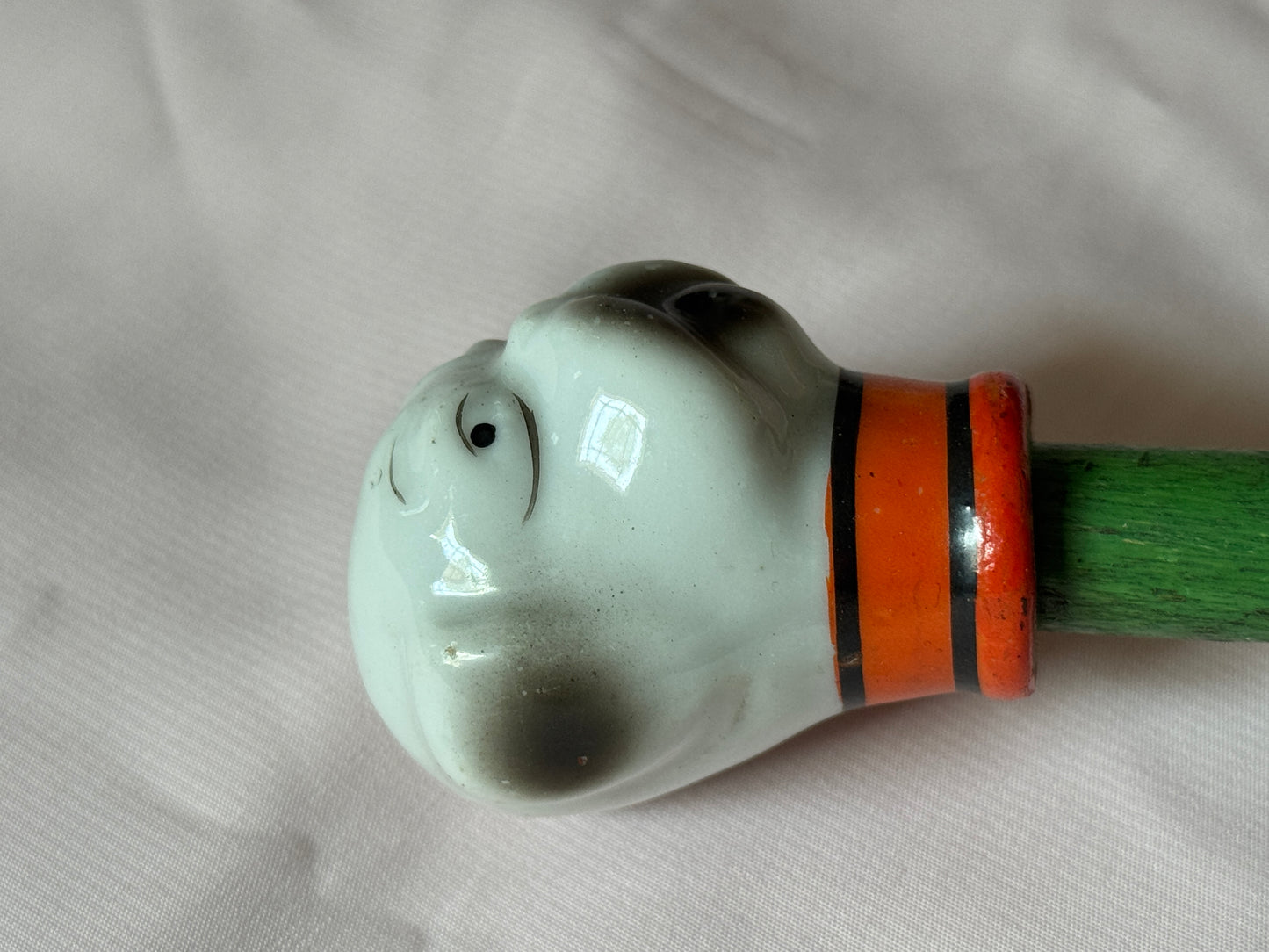 Ceramic Bulldog Head Carnival Cane - Topper and Stick, Grey and White with Orange Collar, Green Stick