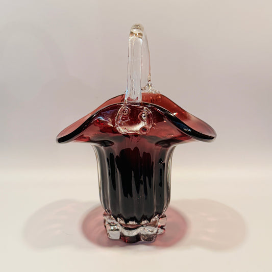 Vintage Amethyst Glass Basket Clear Glass Handle and Base