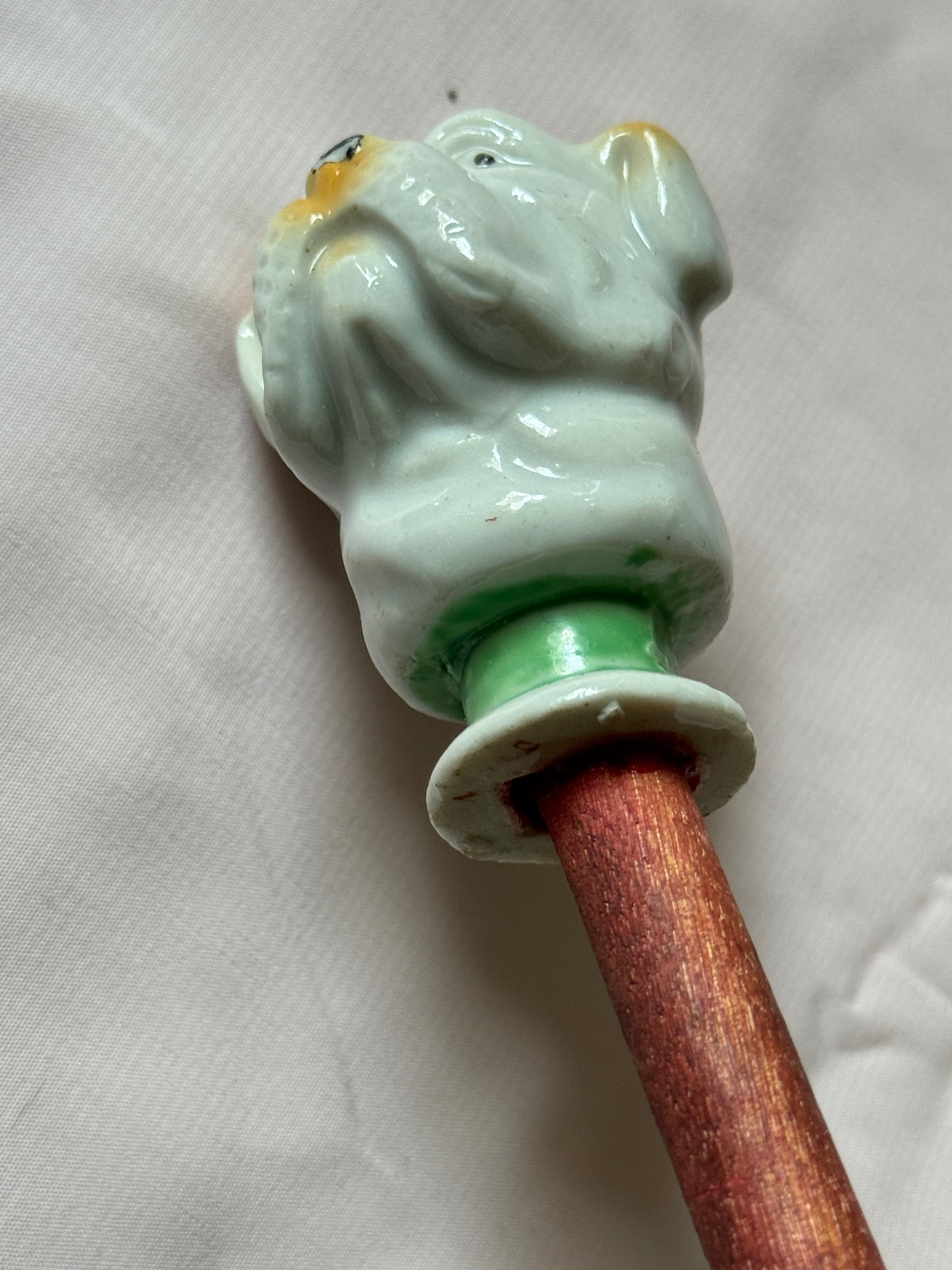 Ceramic Bulldog Head Carnival Cane - Topper and Stick, White and Tan with Green Collar, Red Stick