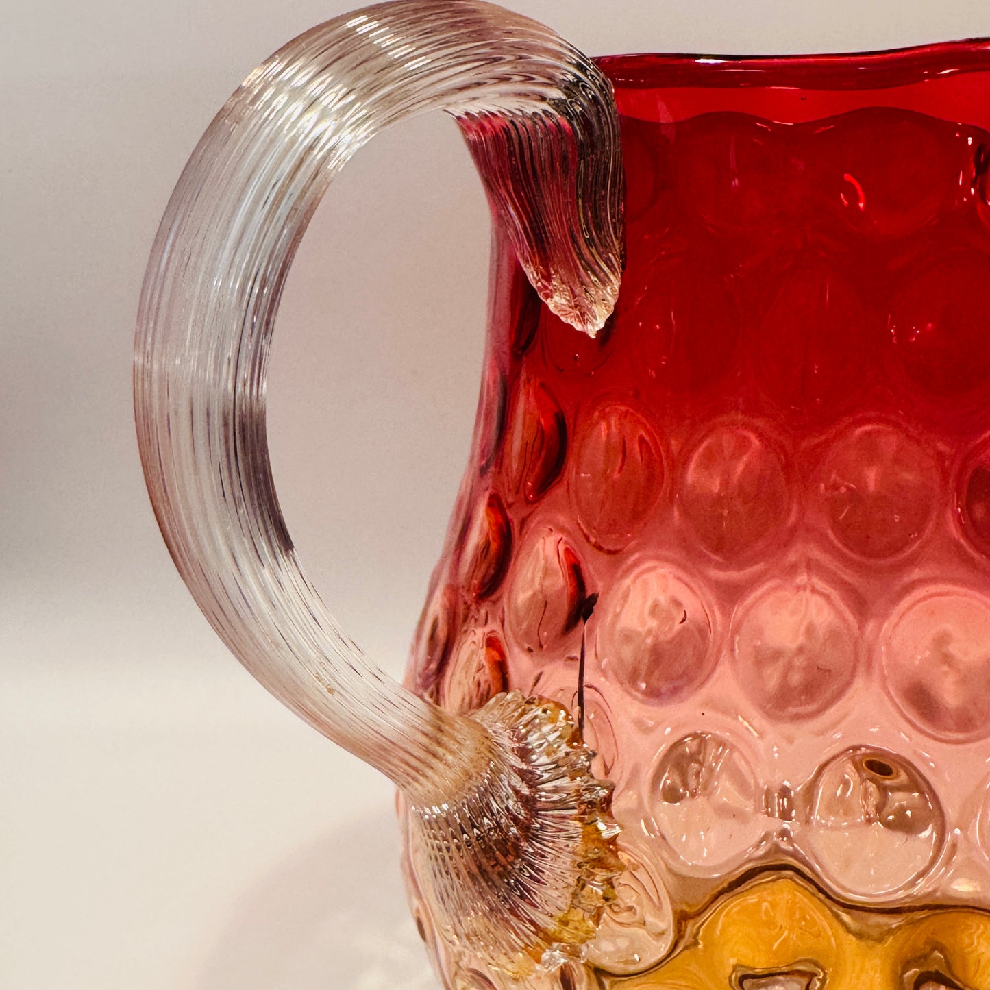 Amberina Glass Coin Dot Pitcher with Clear Handle