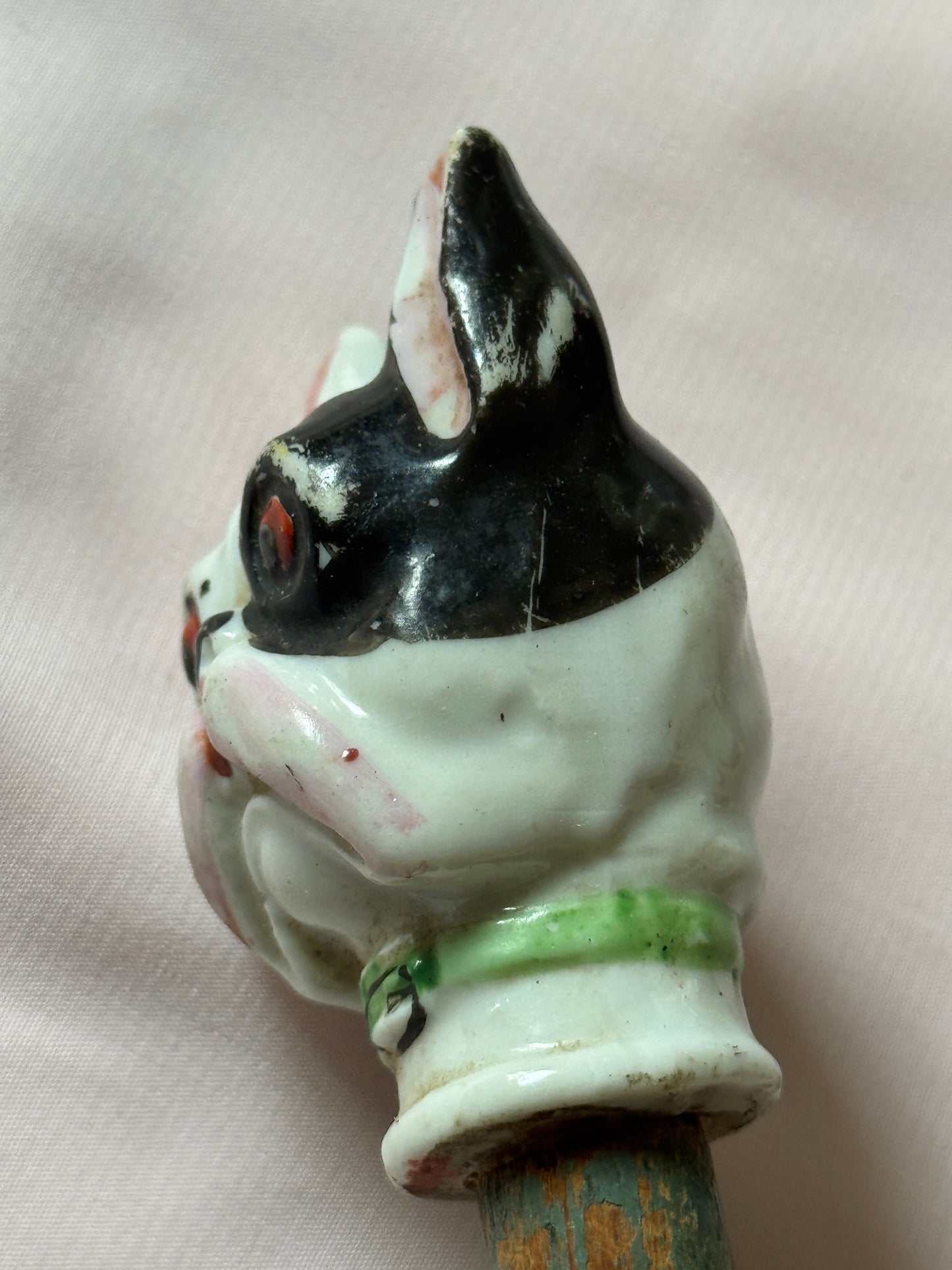 Ceramic French Bulldog Head Carnival Cane - Topper and Stick, Black and White with Green Collar, Grey Stick