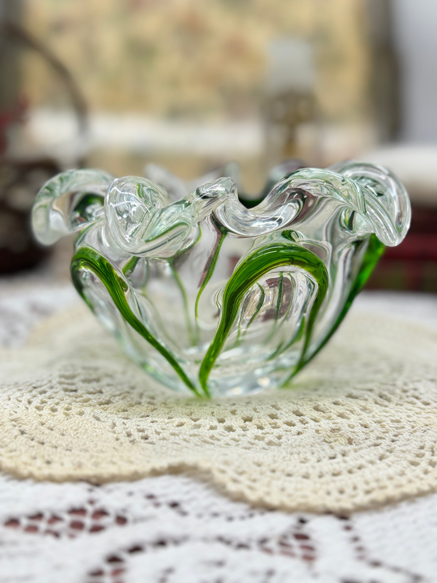 Green and Clear Blown Glass Candy Dish, Ashtray, or Bowl