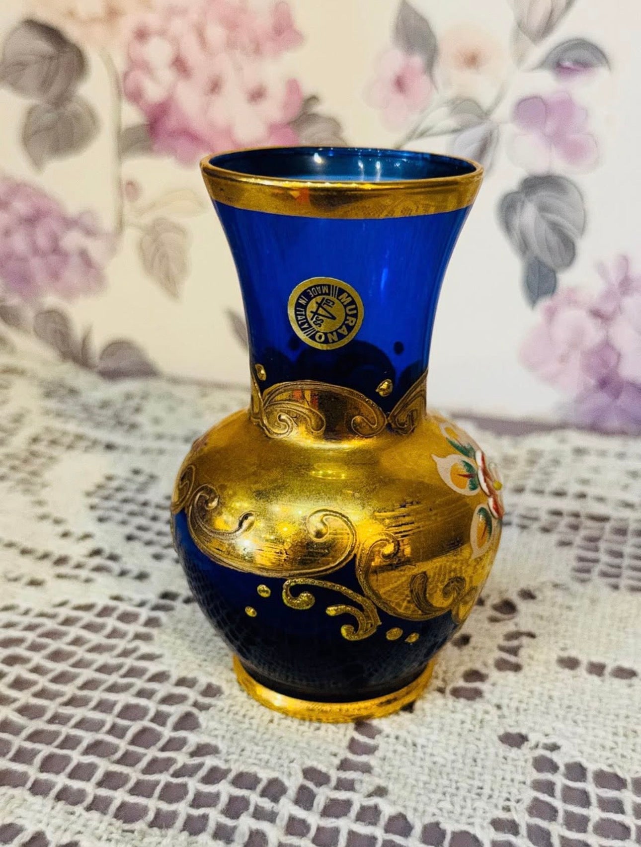 Murano Painted Small Cobalt Blue Glass Vase