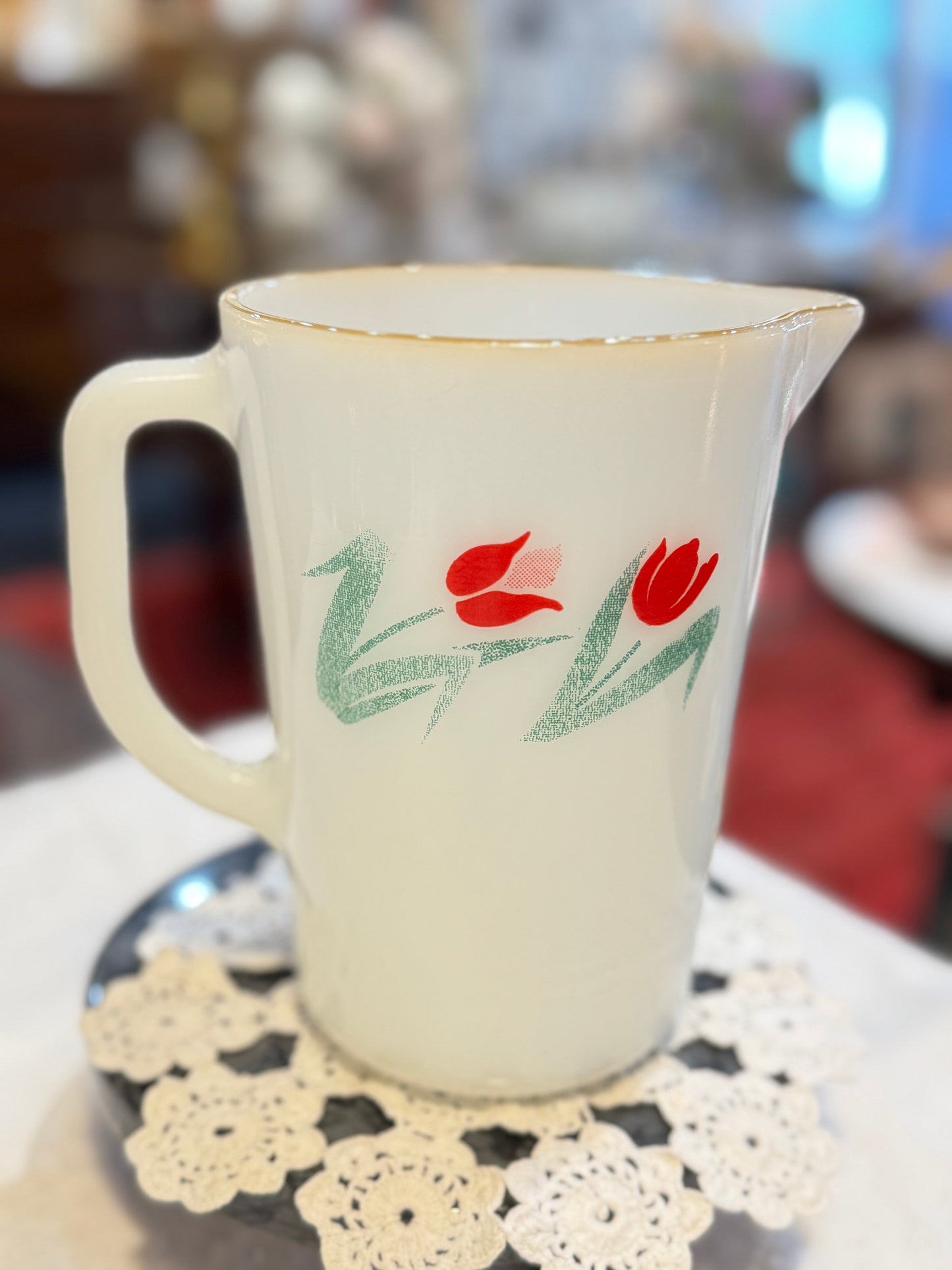 Termocrisa Milk Glass Pitcher with Red Tulip Pattern