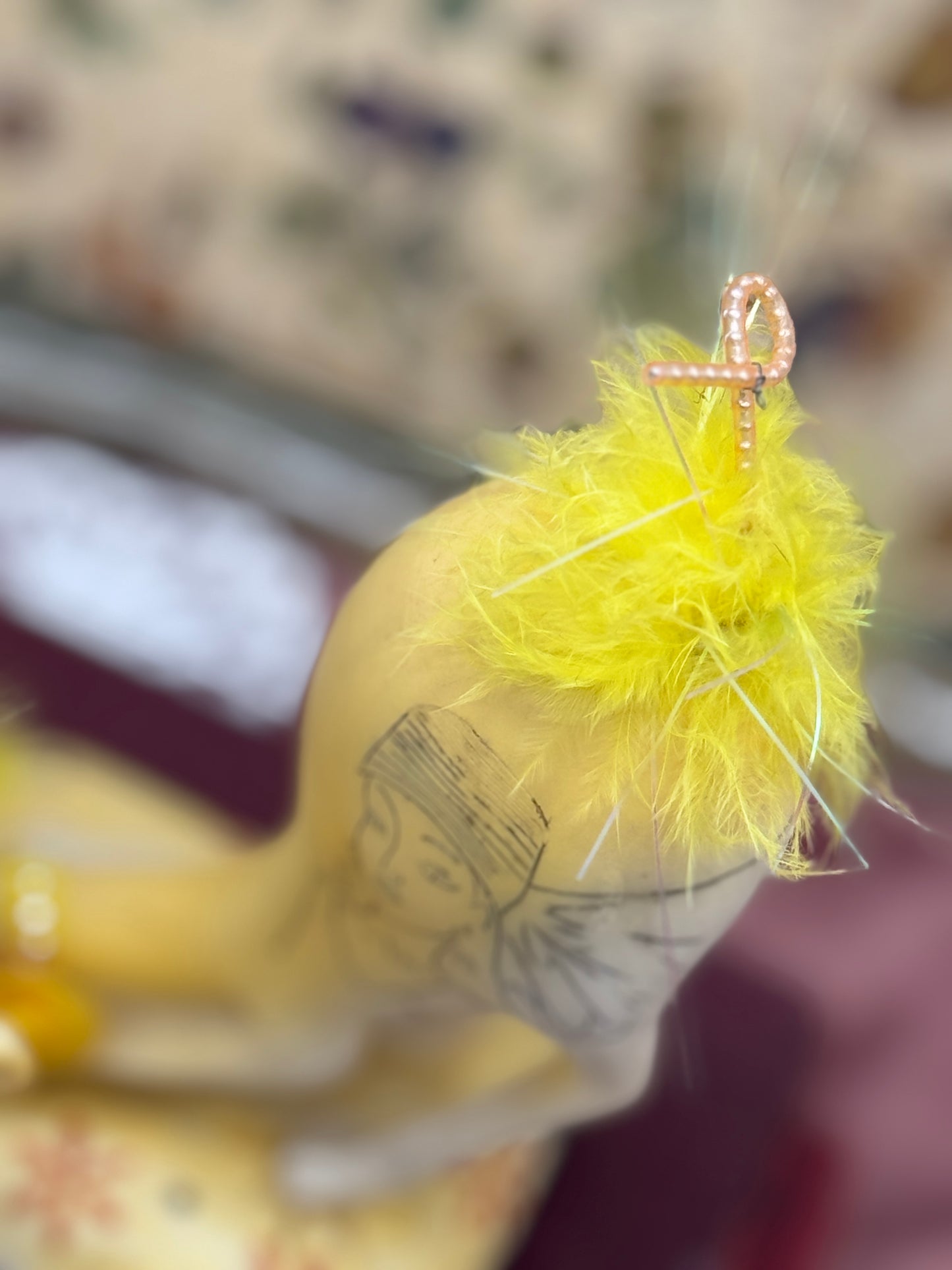 Vintage Yellow Whimsical Resin Cat Figurine Sitting on Pillow with Carved Fashion Portrait