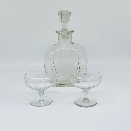 Etched Thistle Glass Decanter with Two Etched Champagne Glasses
