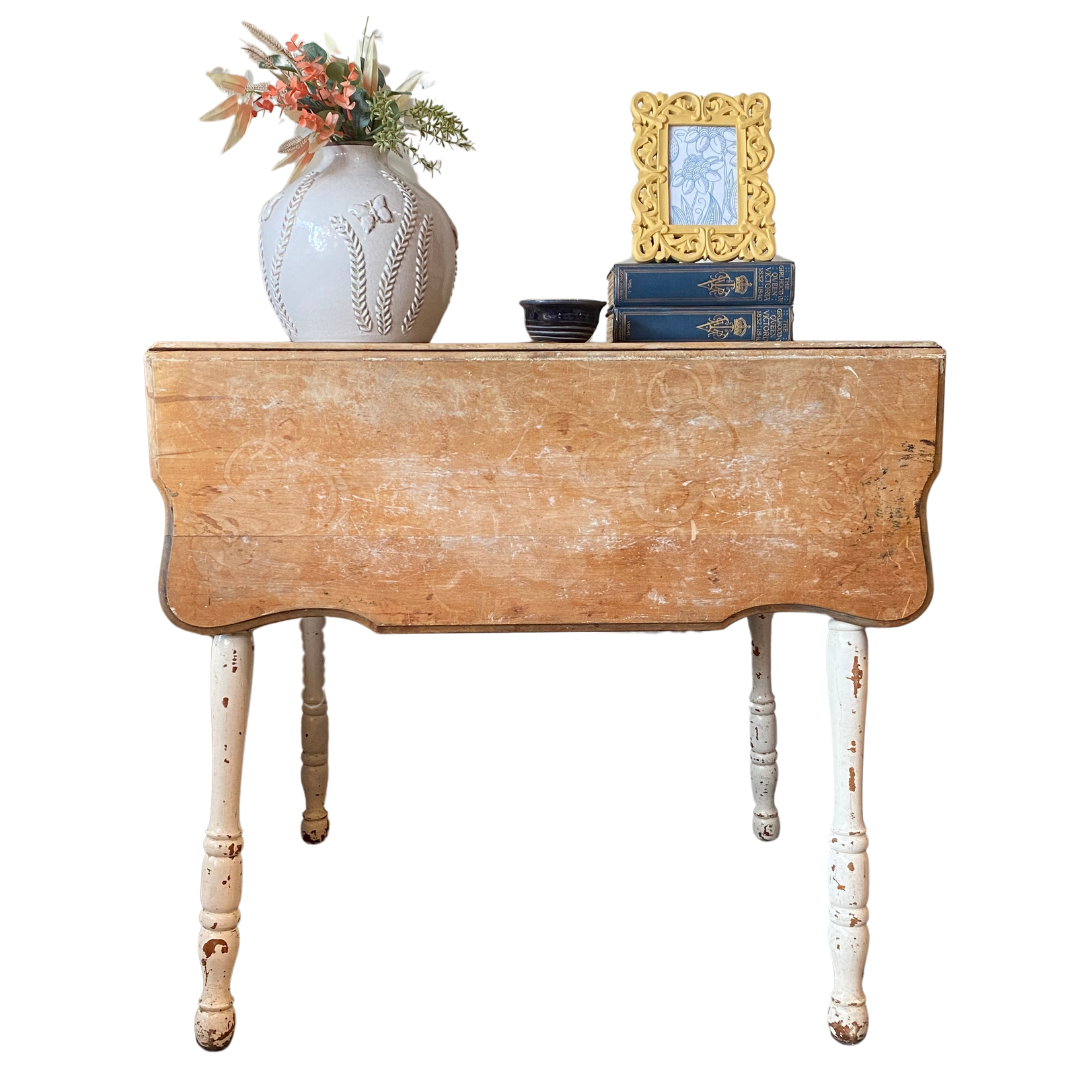 Antique Drop Leaf Table - Chippy Farmhouse, Natural Top, White Painted Legs