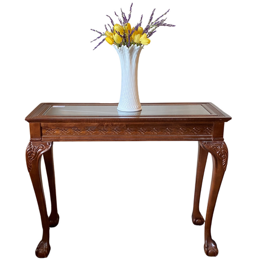 Glass Top Entry Table - With Carved Wood / Claw & Ball Feet