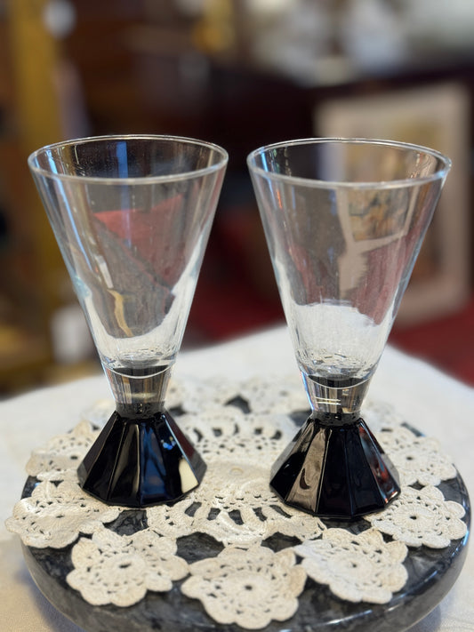 Set of (2) Two Cristal D'Arques Durand Cordial Cocktail Glass Art Deco Black / Ruby Base