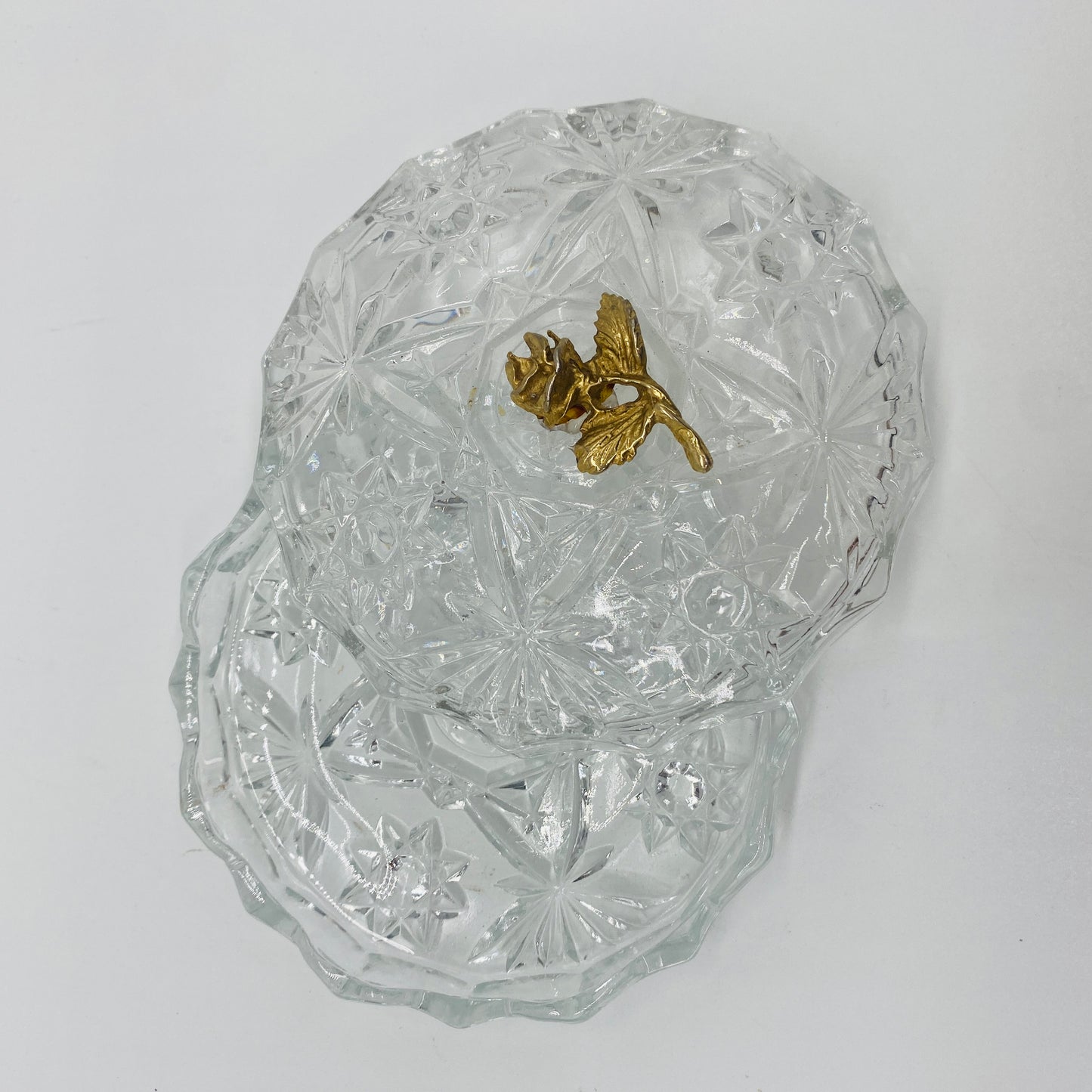 Clear Glass Trinket Dish with Lid and Rose Metal Applique