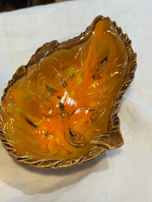 Orange / Yellow / Brown Leaf California Pottery Serving Dish or Trinket Dish