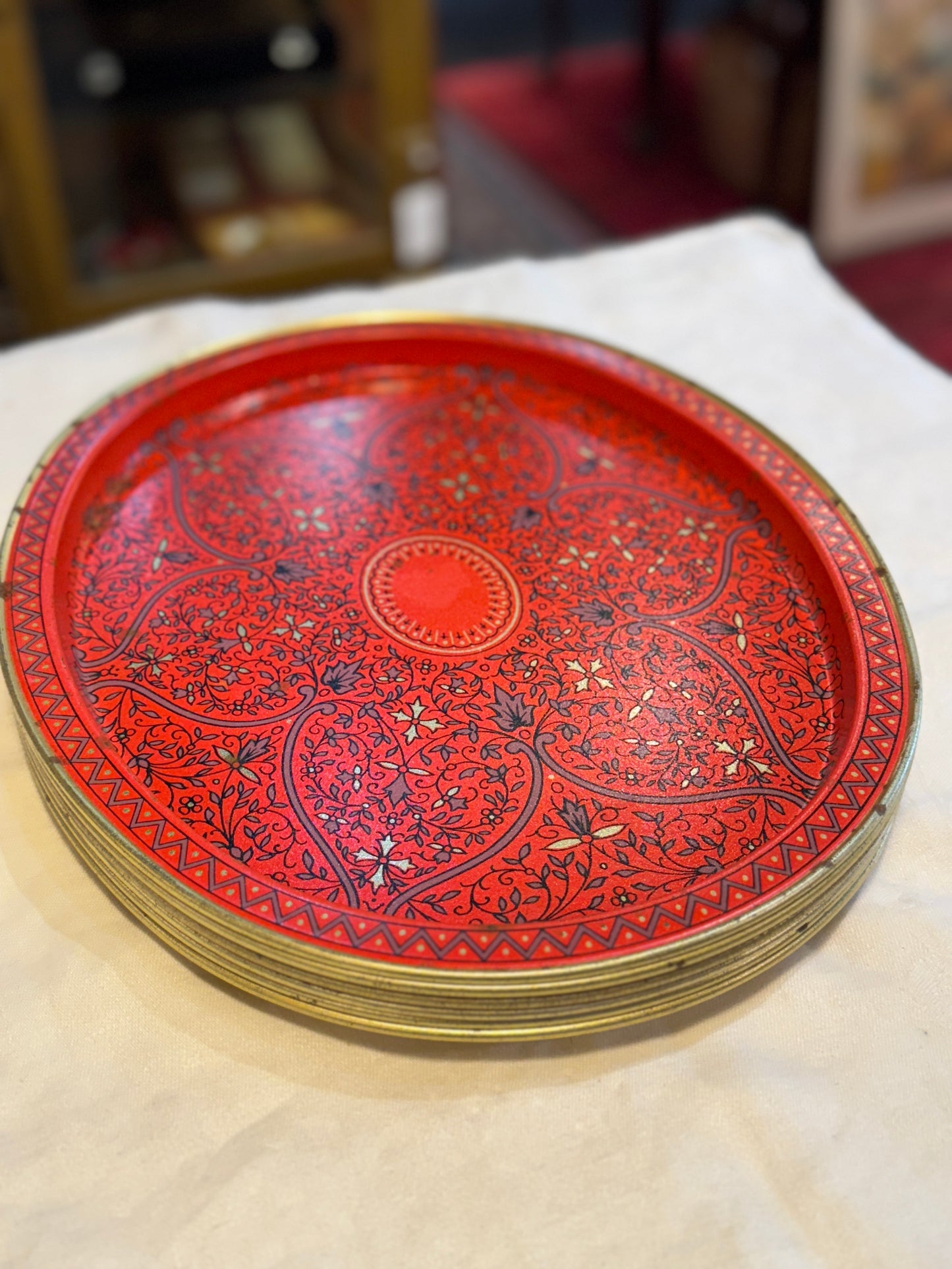 Set of (6) Six Mid Century Style Oval Tin Metal Serving Trays - Red / Gold / Purple Scroll Pattern
