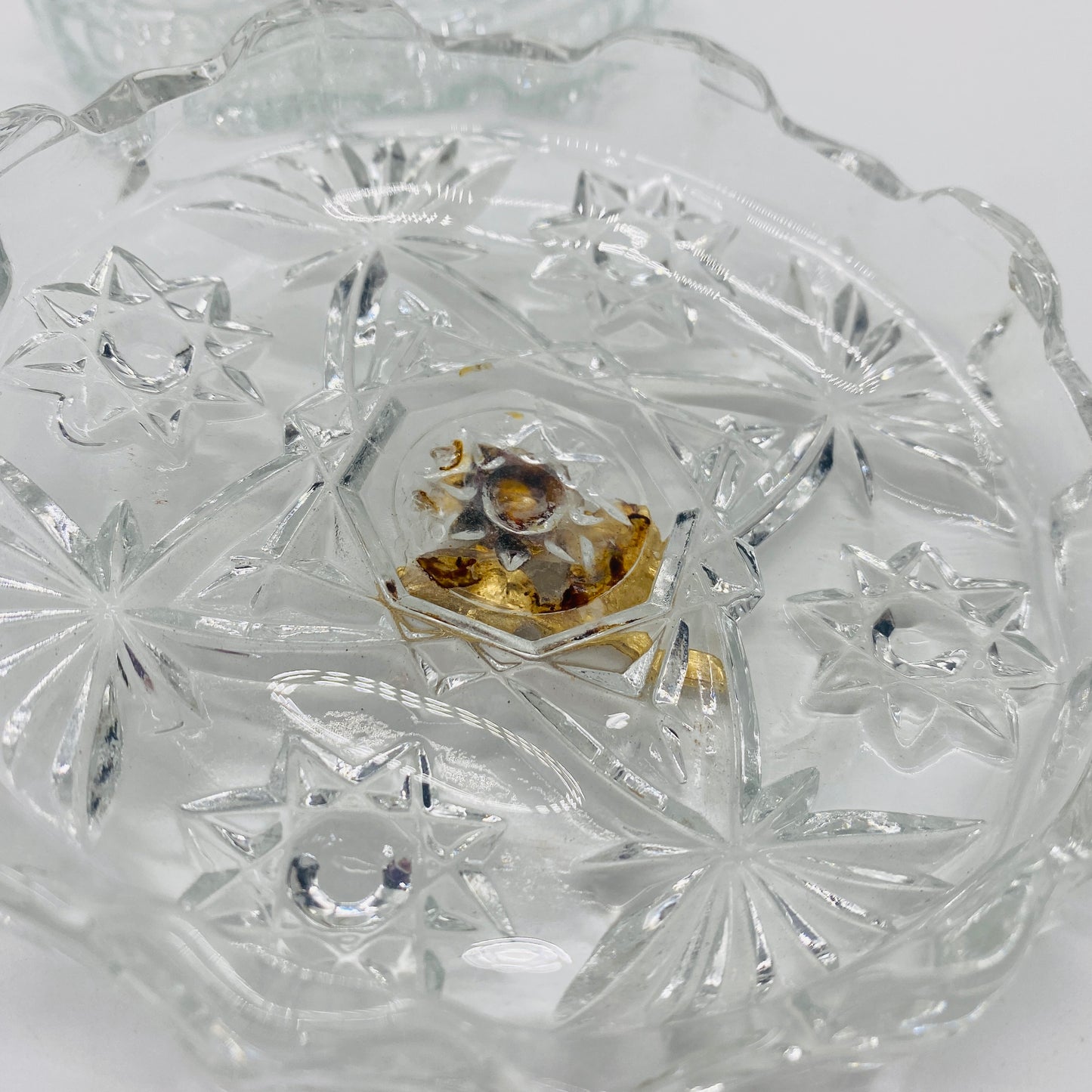 Clear Glass Trinket Dish with Lid and Rose Metal Applique