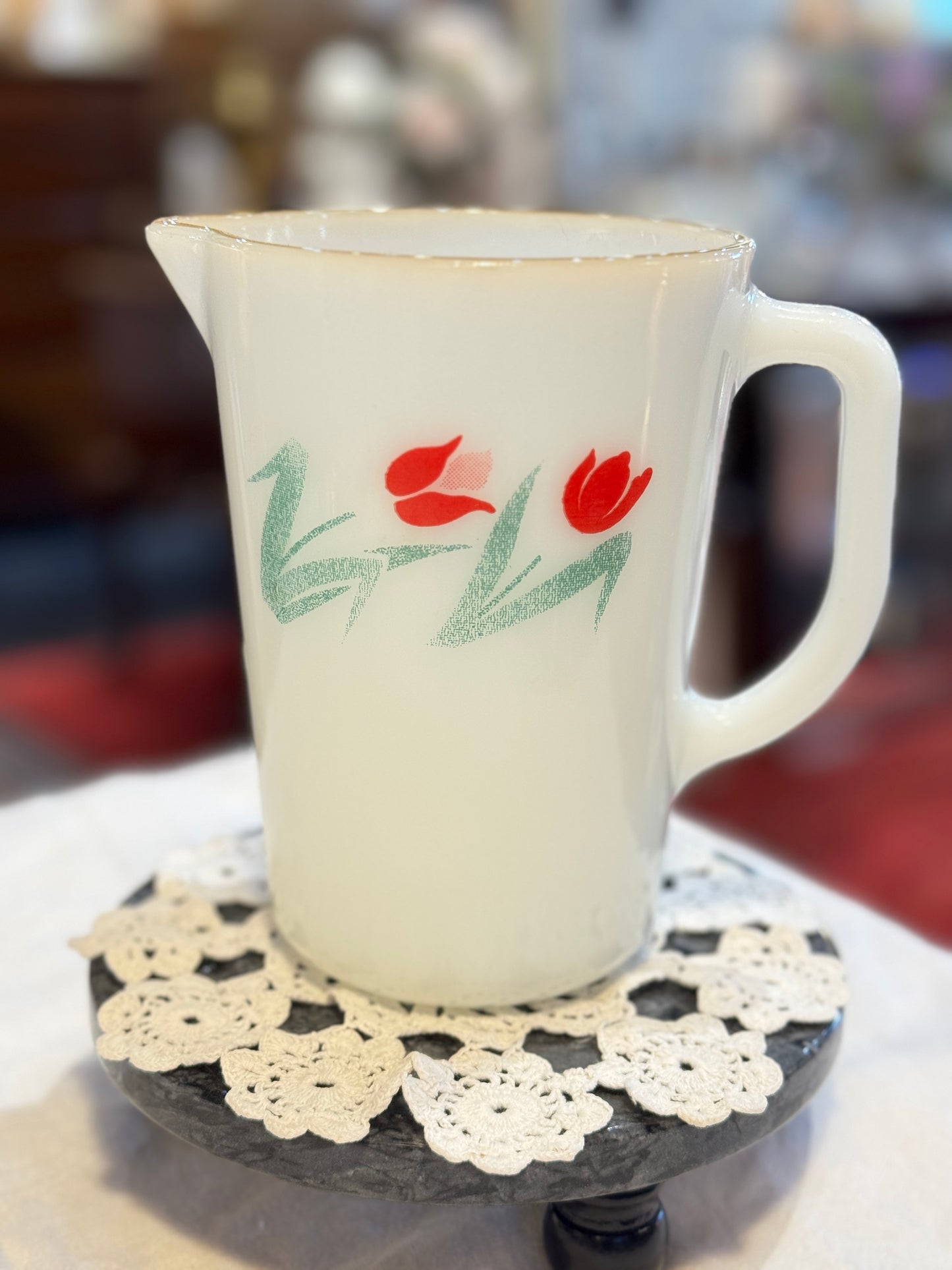 Termocrisa Milk Glass Pitcher with Red Tulip Pattern
