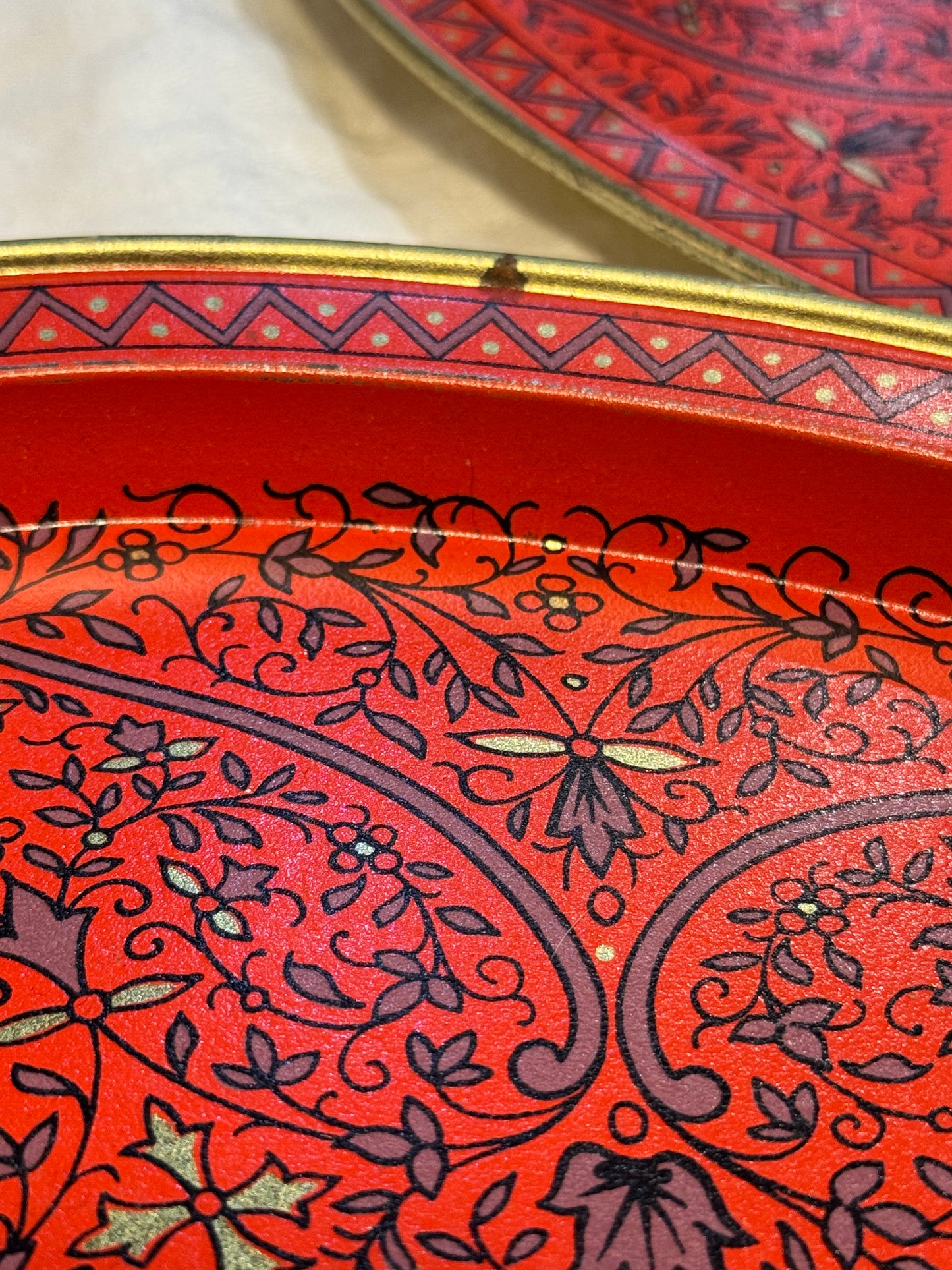 Set of (6) Six Mid Century Style Oval Tin Metal Serving Trays - Red / Gold / Purple Scroll Pattern