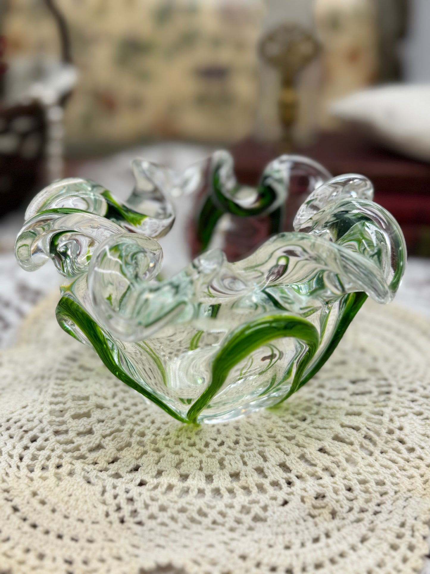 Green and Clear Blown Glass Candy Dish, Ashtray, or Bowl