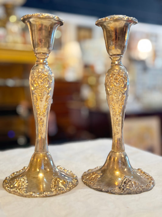 Set of (2) Two 8.5" Godinger Silver Plate Baroque Candlestick Holders
