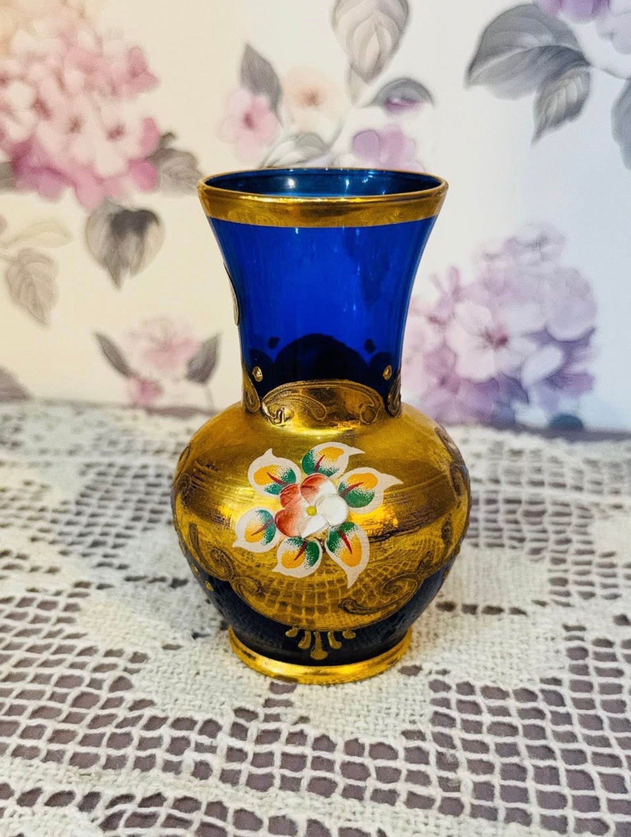 Murano Painted Small Cobalt Blue Glass Vase