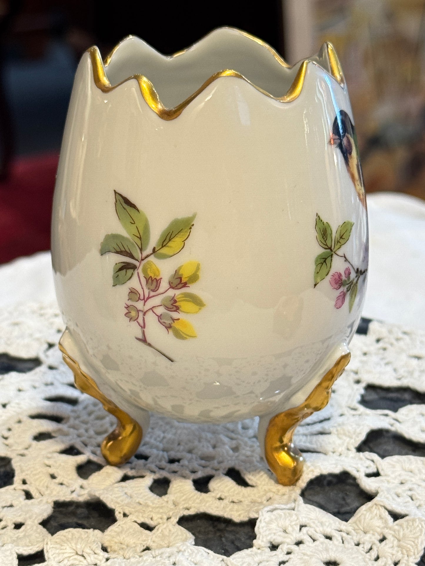 Limoges Floral and Bird Cracked Egg Vase
