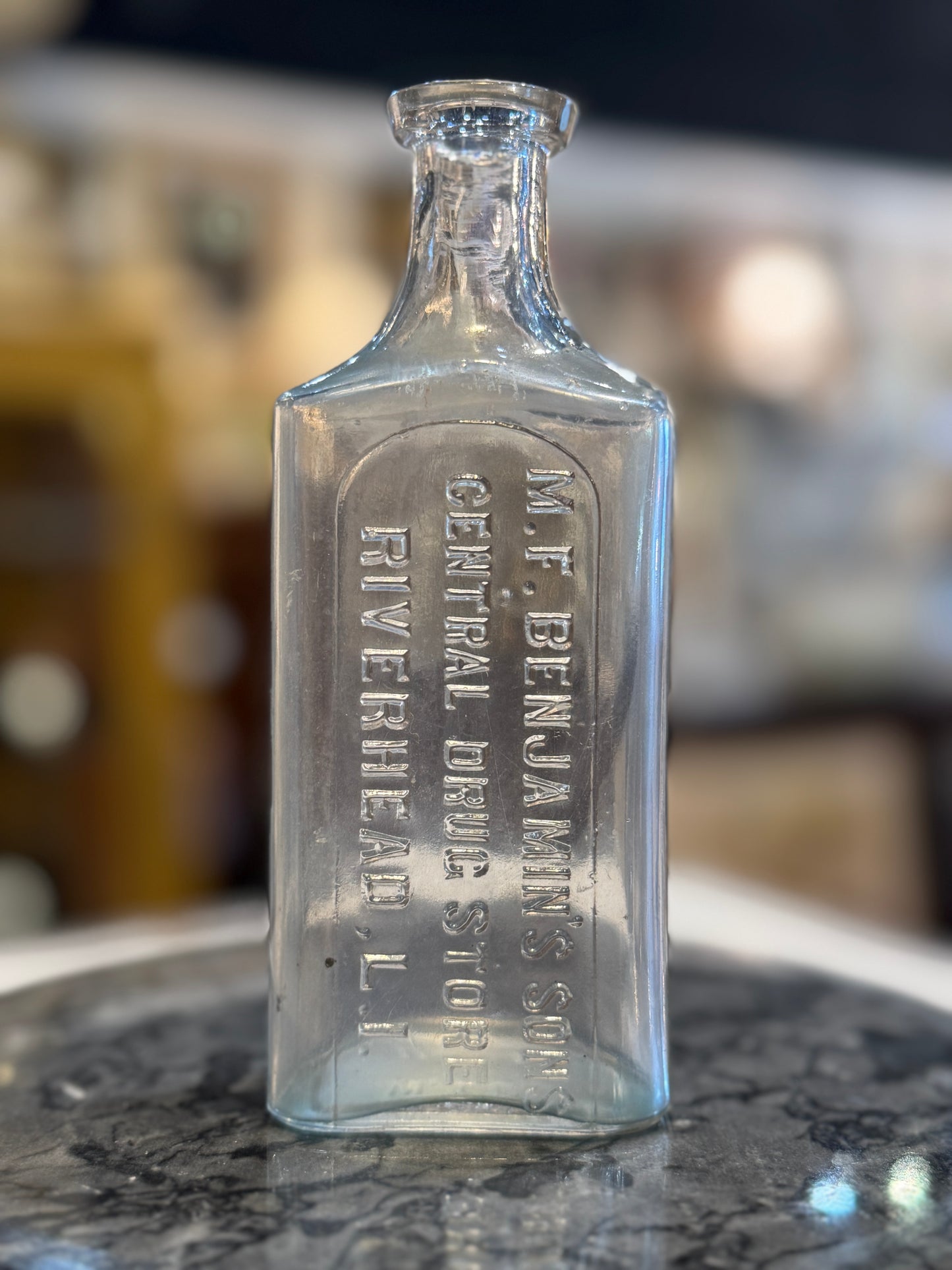 M.F. Benjamin's Sons General Drug Store, Riverhead, Long Island - 5.25" Medicine Bottle