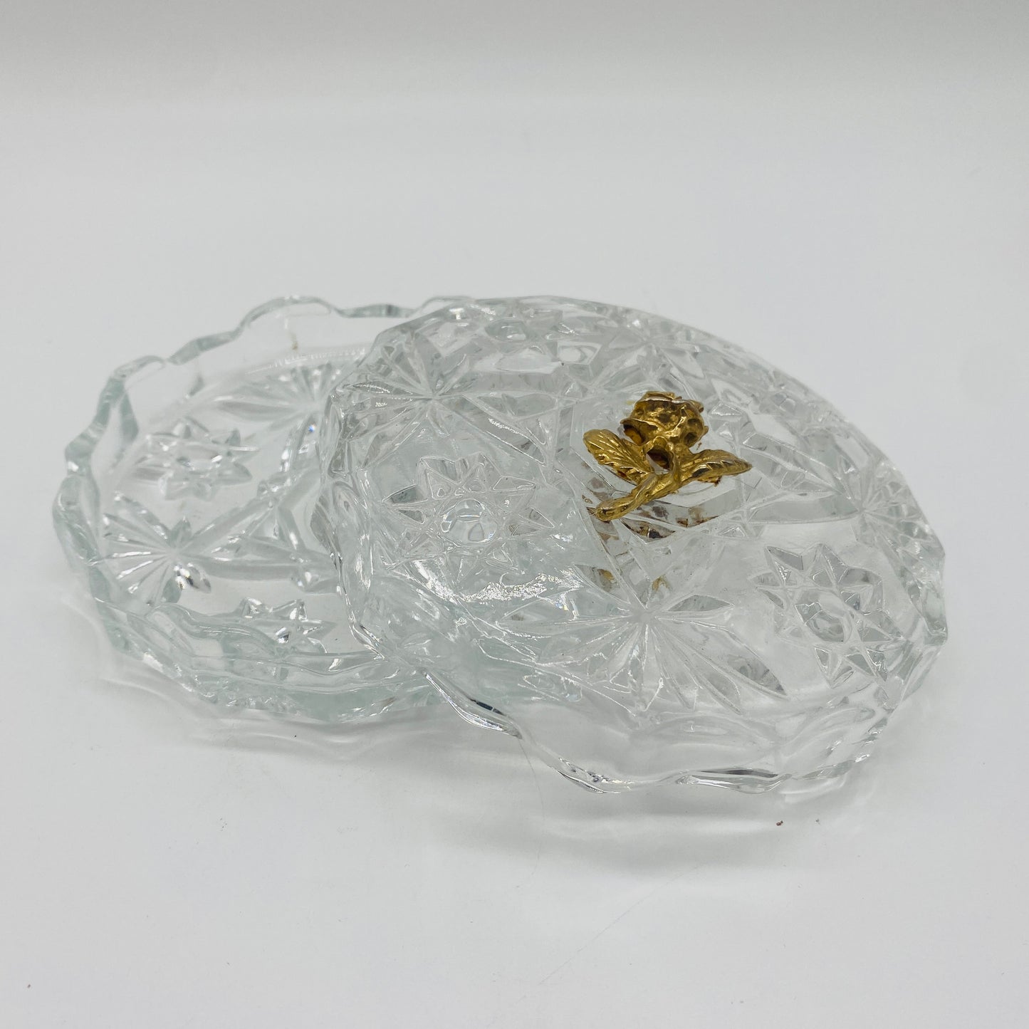 Clear Glass Trinket Dish with Lid and Rose Metal Applique