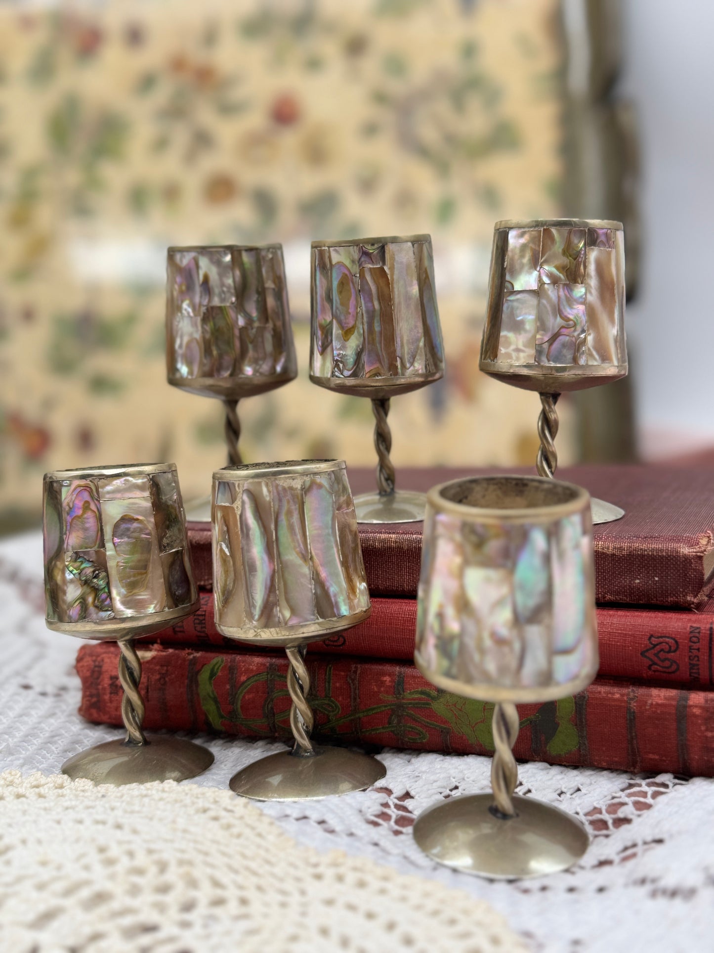 Alpaca Mexico Mother Of Pearl / Abalone Set Of 6 Plated Shot Aperitif Glasses