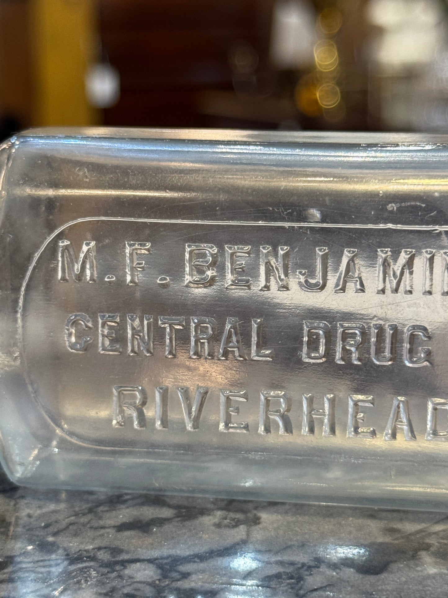 M.F. Benjamin's Sons General Drug Store, Riverhead, Long Island - 5.25" Medicine Bottle